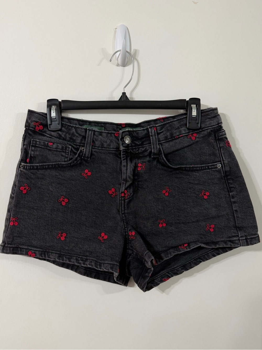 Black Denim Shorts with Red Cherry Embroidery - Women